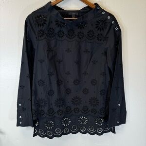 J CREW black eyelet lace blouse 100% cotton high low long sleeve tunic top sz2